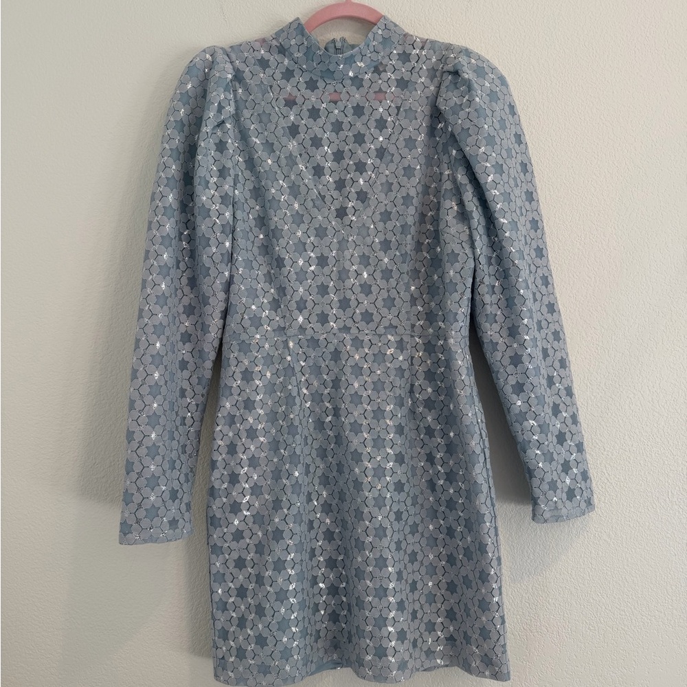 Wayf (Nordstrom) - Elan Lace Metallic Puff Sleeve Mini Dress - Blue - Size M